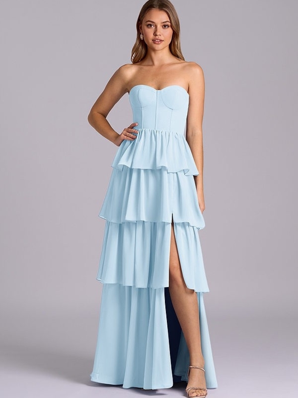 Azazie Strapless Tiered Ruffle Maxi Dress in Light Blue